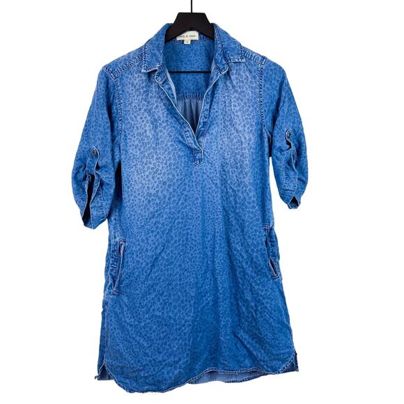 Cloth & Stone Size M Mini Shift Dress Lyocell Blue Chambray Notch Neck Printed - Picture 1 of 10
